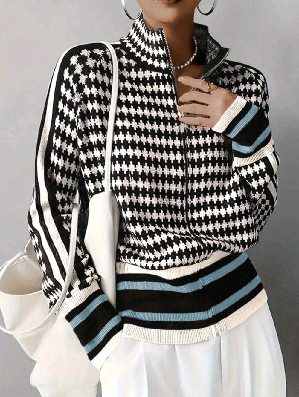 Color Block Zipper Knit Stand Collar Cardigan Fall